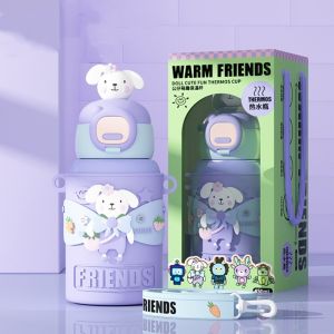 NANMEN 450ML Insulated Cup Cute Cartoon with Straw Water Bottle Portable Fall Prevention Water Cup