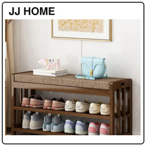 【JJ HOME】Sponge Cushion Bamboo Shoe Rack Bench | 2-Tier Entryway Shoe Storage Organizer