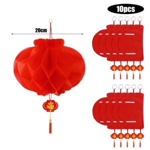 10ชิ้นโคมไฟรังผึ้งสีแดงแบบหนาใหม่ประกอบได้อย่างรวดเร็วสำหรับตกแต่งปีใหม่ตามจันทรคติโคมไฟ3D ของประดับงานปาร์ตี้เทศกาลฤดูใบไม้ผลิสำนักงานบ้านอวยพร