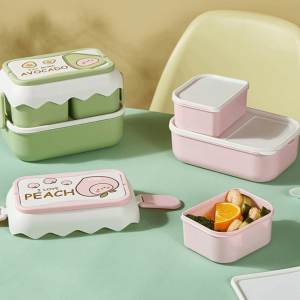 JUVIAAL Double Layered Cartoon Lunch Box Drop-proof Fruit Pattern Plastic Lunch Box Kitchen Storage Box Rectangular Compartment Lunch Box Children