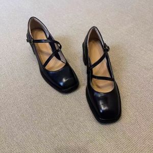 Soft Leather Version of Retro Comfortable Square-toe Block Heel Mary Jane Shoes Womens Heeled Straight Strap Pumps