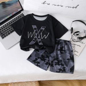 AILEBE Kids Sets Vintage Bear Print Striped Short Sleeve Top Shorts Set Soft Breathable Pearl Fabric All-Year PH Wear Round Neck Easy Dress Elastic Waist Comfy Pambahay OOTD For Baby Boys Girls 0-9 Years Great For Daily Play