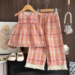 Menoea Retro Clothing Sets for Baby Girls Clothes Korean Version Plaid Printed Top T-shirt+Lace Tassel Pants 2-piece Suits Outfits for Kids Fashion Clothing Sets New Summer Costumes