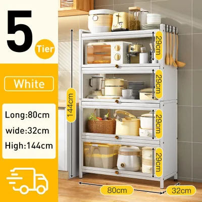3/4/5/6 Layer Kitchen Storage Cabinet with Microwave Oven Rack Doors and Multi-Tier Shelves Multifunctional Pantry Organizer for Home