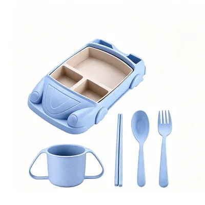 Partitioned Separate Kid Dining Plate Complete Dinning Plate Set Natural Wheat Straw Plate