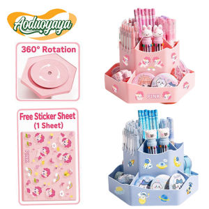 Aoduoyaya 9‑Grid 360° Rotating Pen Holder Desktop Stationery Organizer with Free Stickers for Student Table