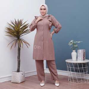 Setelan tunik crinkle polos celana panjang pakaian setelan wanita terbaru