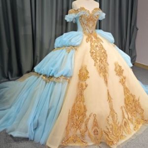 DRESS BALLGOWN BIRU GOLD /WEDDING GOWN PERNIKAHAN /GAUN GOLD PERNIKAHAN EKOR MEWAH