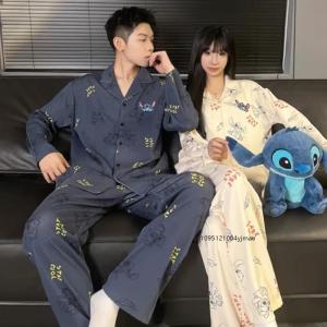 Anime Stitch Couples Pajamas Cartoon Spring New Cotton Lapel Long-Sleeved Mens Womens Pajamas Cartoon Casual Loungewear Set