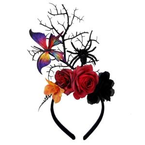 Gothic Theme Flower Branch Headbands with Realistic Spiders Halloween Hair Accessories for Adult Festival Headpiece