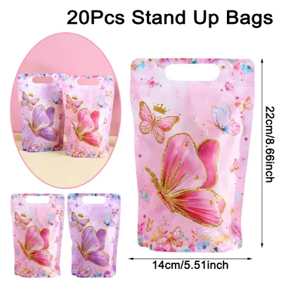 【New】10/20pcs Pink Purple Butterfly Resealable Bags with Zipper Plastic Butterfly Loot Bags For Birthday Girls Butterfly Theme Party Decorations Baby Shower Birthday Giveaways Gift Packaging Bags