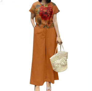 Qiqi Womens Short Sleeve Blouse and Wide Leg Pants Set with Side Pockets 2807