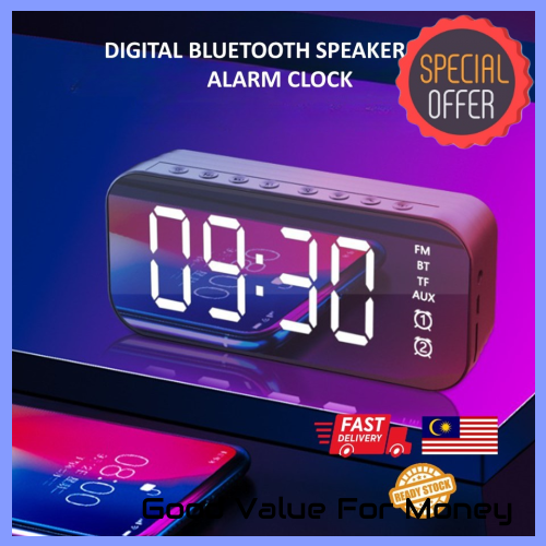 Portable Bluetooth Wireless Speaker Alarm Clock with Digital LED Mirror