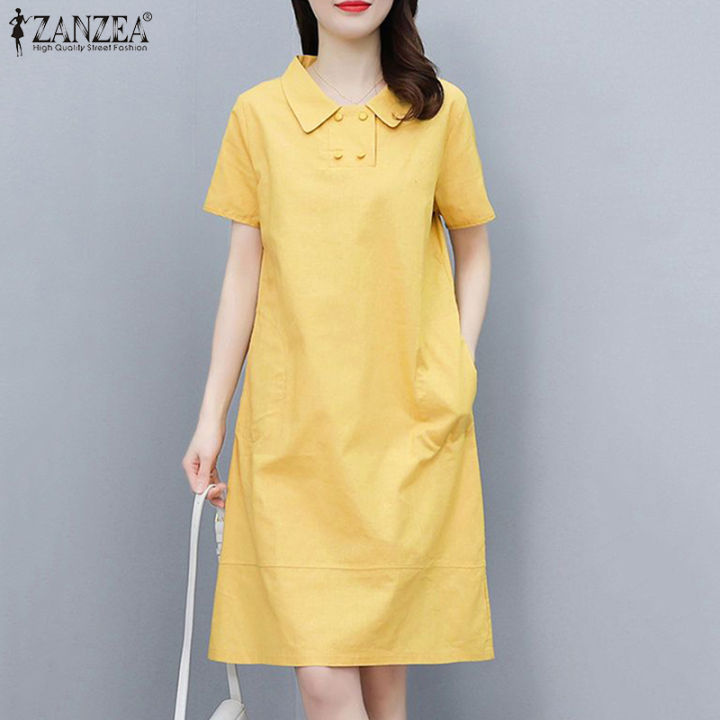 ZANZEA Women's Dresses Vintage Lapel Casual Short Sleeve Cotton Linen Loose  Cotton Linen Solid Dress