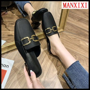 MANXIXI Women Fashion Loafers Beautiful Gold Chain Low Heel Mules Sandals (Size 35-41)
