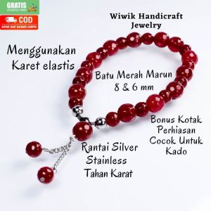 Gelang Tangan Wanita Batu Merah 8 mm & 6 mm Rangkaian Karet Stainless Tahan Karat