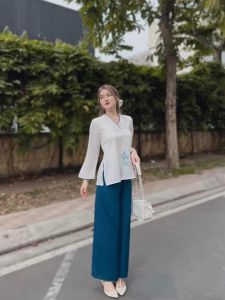 Pháp phục lụa đi lễ chùa nữ thêu hạc đồ lam bà ba quần áo đi chùa cho phật tử Thiên Di D05
