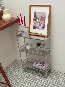FFBH Stainless Steel Organizer Cart with Wheels Large Storage Shelf Multifunctional Trolley Cart for Living Room Storage Furniture 5T9N4