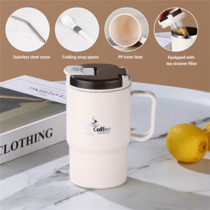 VIVOLILV 600ml Stainless Steel Coffee Cup With High Appearance Spoon Lid Handle Straw Mug Portable Travel 304 Stainless Steel Vacuum Bottle Insulated Cup