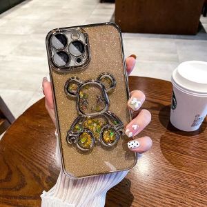 AUOVIEE With Lens Film Bling bling Quicksand Glitter Bear Phone Case for iPhone 14 15 16 Pro Max X Xs Max X Plus Luxury Cute Plating Cases for iPhone 11 12 13 ProMax