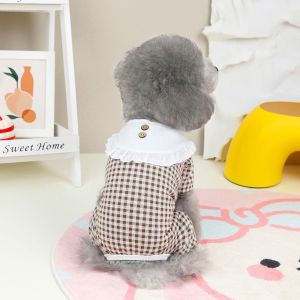 DY Loving Ins Style Pet Home Wearing Lace Lapel Lattice Four-legged Dog Outfit Korean Shihtzu Jumpsuit