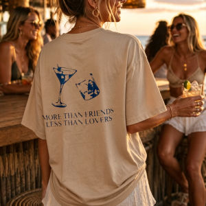 [Local Stock] HBESTY  Blue Martini Glass Cocktail Text More Than Friends Less Than Lovers Beige Crew Neck Relaxed Fit T-Shirt Beach Vacation Topsv Tee