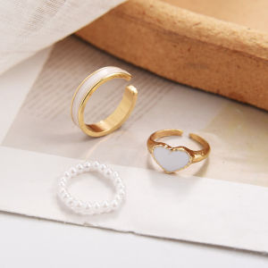 【♡Lovely girls house♡】แหวนลายหัวใจเคลือบ3ชิ้น/เซ็ตสำหรับผู้หญิงเครื่องประดับชุดห่วงเปิดทรงเรขาคณิตแบบแหวนไข่มุกแฟชั่นสไตล์เกาหลี