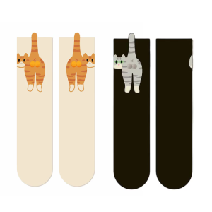 Cartoon Cats Pattern Crew Socks For Womens Fashion Funny 3D Fuzzy Balls Design Cute Kitten Print Animal Cotton Socks