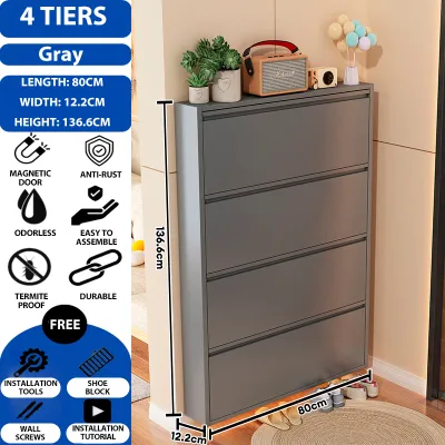 SPACEMADER Large Capacity Metal Shoe Cabinet Flip-top Shoe Rack Slim Modern Shoe Rack Wall Mounted Floor Stand Family Storage Cabinet