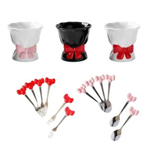 Kirilgu Classical Ceramic Storage Pot And 6 Durable Nonrust Steel Small Forks Set Party Utensils For Sweet Treats Serving 9T1N6