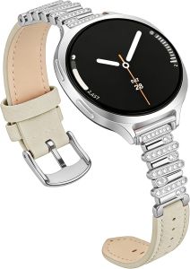 Bling Leather Band Compatible for Samsung Galaxy watch 9 8 40mm/44mm Crystal Replacement Strap for Galaxy Watch 8 Classic 46mm Women Beige/Silver