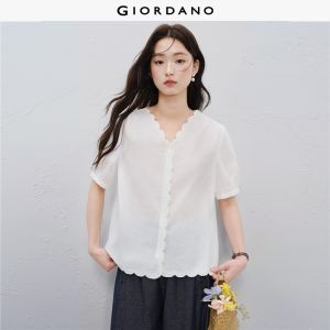 Giordano Women Embroidered scalloped trim v-neck blouse Free Shipping 18346721