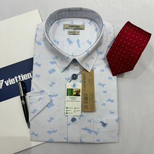Áo sơ mi cộc tay Việt Tiến trắng họa tiết 6P0044 có size lớn -100% CHÍNH HÃNG