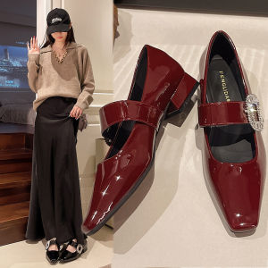 Rhinestone French Mary Jane Shoes Womens New Patent Leather Square Toe Block Heel Low Heel Strap Single Shoes Women