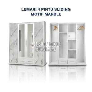 Lemari pakaian 4 Pintu sliding MARBLE. Bahan plat besi. Brand Olympic. Lemari baju wardrobe cermin gantungan brangkas. Anti Rayap anti air. Bermotif elegan & Minimalis. ada 2 laci.