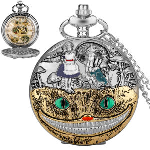 Mens and Womens Retro Anime Pocket Watch Alice in Wonderland Quartz Pendant Watch Fashion Accessories Childrens Holiday Gifts