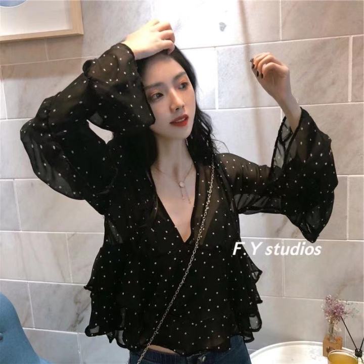 𝙁.𝙔 𝙨𝙩𝙪𝙙𝙞𝙤𝙨 🔥พร้อมส่ง🔥NO.76 เสื้อชีฟอง เสื้อเชิ้ตหญิง คอวี แขนยาว ลาย ...