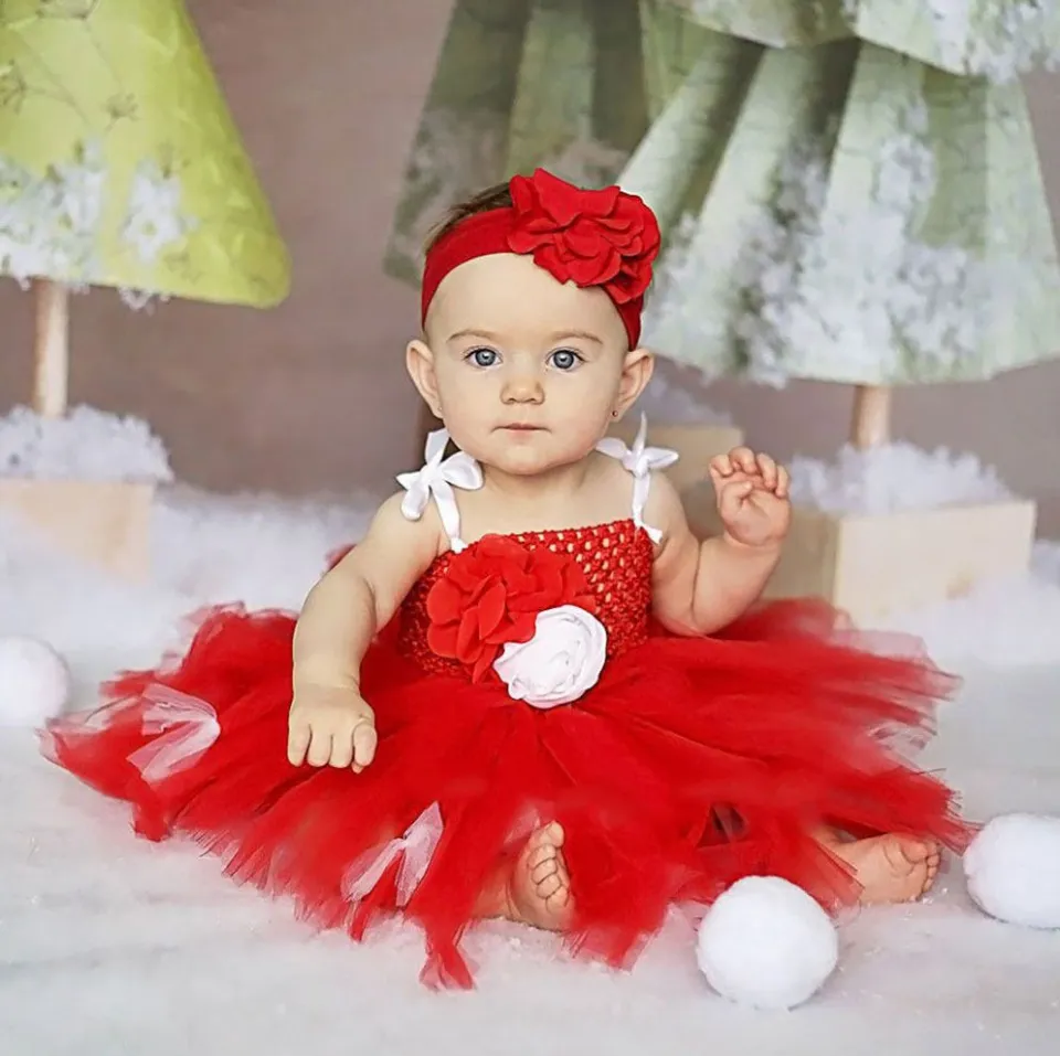 Cute Baby Red Flower Tutu Dress Infant Girls Crochet Tulle Dresses with Hairbow Set Newborn Birthday Christmas Party Costumes Photography Cloth Lazada