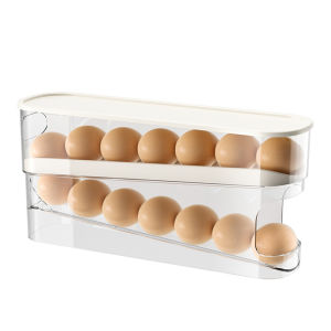 【New Arrival】 Automatic Scrolling Egg Holder Large Capacity Fridge Egg Dispenser Space-Saving Automatic Egg Storage Container with Lid