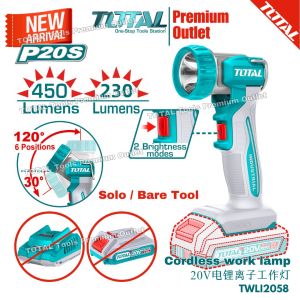 TOTAL Tools New P20s 20V series Cordless Portable Work Lamp [Solo/Bare Tool] Lumens 450±10% / 230±10% - TWLI2058