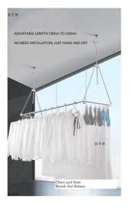 Adjustable Stainless Steel Ceiling Mount Clothes Drying Rack with Rust-Resistant Design and 12 Clip Holders