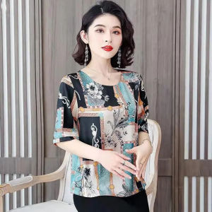 2024 New Style Vintage T-shirt Womens Summer Short-sleeved Casual Top Plus Size Ice Silk Tops