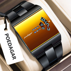 POEDAGAR new trendy watch for mens waterproof unique stainless steel square digital watch