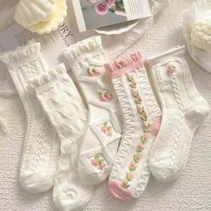 5Pairs Women Lolita JK Pink Floral Japanese Korean Style Long Socks Casual Socks Cotton Socks