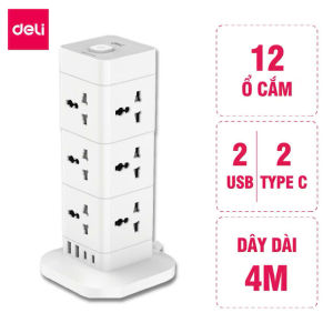 Ổ Cắm Điện Deli Dáng Trụ Sạc Nhanh Deli Công Suất 2500W Có Cổng USB Type C – Chống cháy