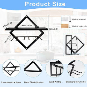 Wine Holder Collapsible Hanging Rack with 3 Stem Glass Holders Upgrade Metal Wall Mounted Rack for Home & Kitchen Display Decor (Black)