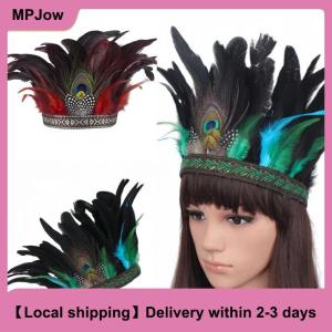 【Local shipping】 Fashion Feather Crown Headbands With Strap Decorative Headdress Indian Crown Hair Band Halloween Cosplay Headwear