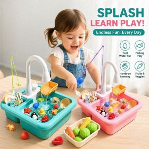 Kids Pretend Play Kitchen Sink Set Water Pump Dishwasher Toy with Fishing Game Fruits Vegetables
