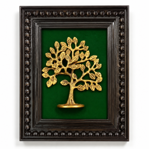 Brass Tree Wall Hanging Frame with Teak Wood Border | Elegant Home & Pooja Room Decor | Traditional Decorative Wall Art (Size - 11*9 inches | 1 Pc)