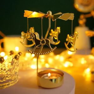 HOUCHU Hollow Metal Rotating Tea Light Holder Metal Angel Carousel Pattern Christmas Rotating Candle Holder Household Gold Silver Rotating Candlesticks Party